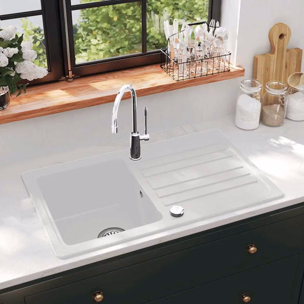 Lavandino cucina in granito vidaXL con scolapiatti reversibile bianco o beige L/P/H: 76,5 x 46,0 x 19,0 cm