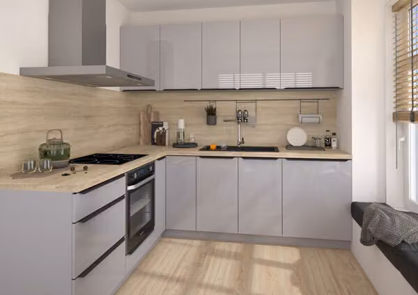 Mobile cucina a L ESSEN 230x230cm fronte grigio acrilico lucido REJS a estrazione totale