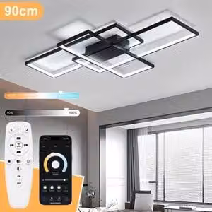 Pannello LED intelligente, nero, 90x60 cm, lampada da soffitto moderna dal design geometrico, 3000–6500K, dimmeraggio continuo, controllo tramite telecomando e app, ideale per il soggiorno.
