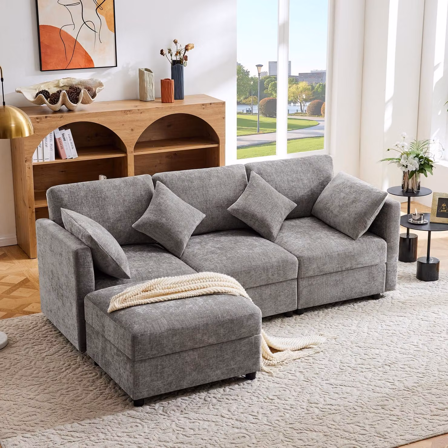 MODFU divano angolare Divano a L, divano letto a 3 posti con poggiapiedi, tessuto ciniglia tre posti+4 cuscini, braccioli regolabili, grigio