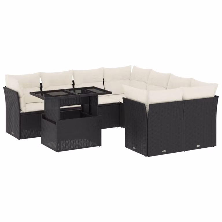 Set Divani da Giardino 9 pz con Cuscini Nero in Polyrattan