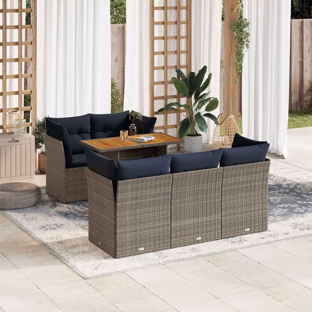 Set Divano da Giardino vidaXL 6 pz a forma di U con Cuscini e Tavolino, Colore Grigio e Blu, Struttura in Metallo e Legno di Acacia