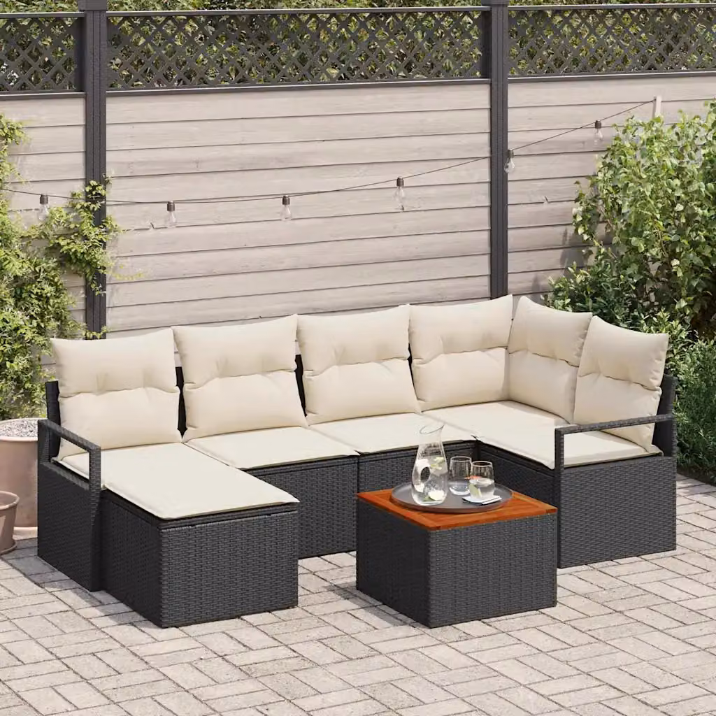 Set Divano da Giardino a L con 7 Pezzi vidaXL Nero con Cuscini e Tavolino in Polyrattan e Acciaio – 1