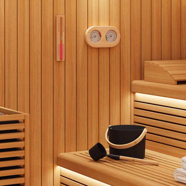 Set di accessori per sauna vidaXL composto da secchiello e mestolo in legno e alluminio, colore nero