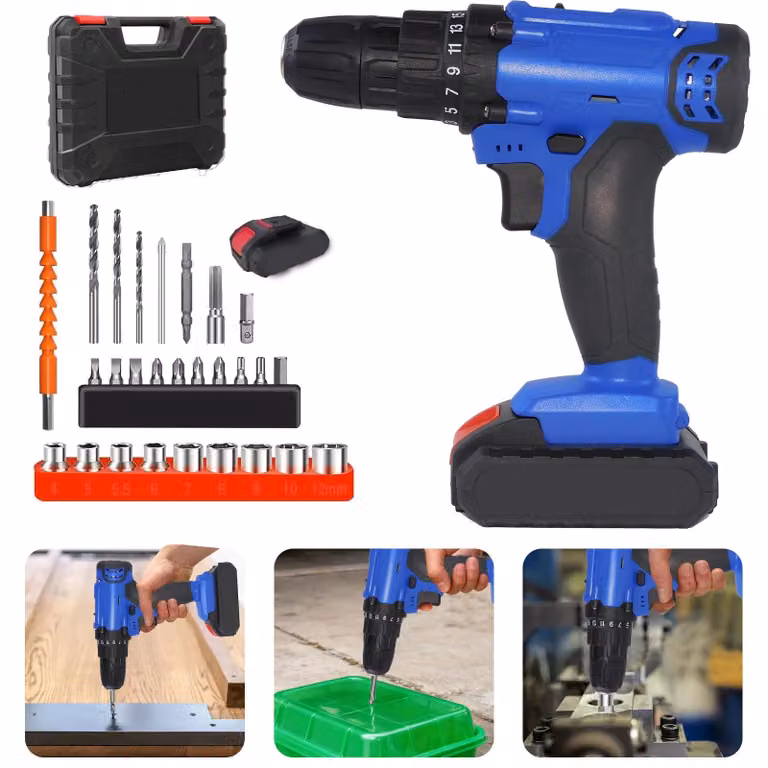 Trapano avvitatore a batteria - Trapano da 21 V - 1 batteria - Caricabatterie - Mandrino autoserrante da 10 mm - Coppia di serraggio: 45 Nm - 25+1 impostazioni della coppia