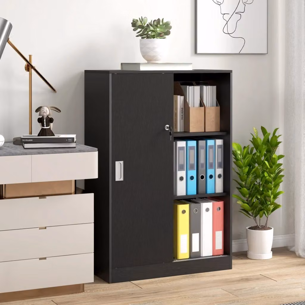 Armadietto da ufficio Giordanoshop con ante scorrevoli e serratura, Nero opaco, L: 80 cm, P: 40 cm, H: 120 cm – 2
