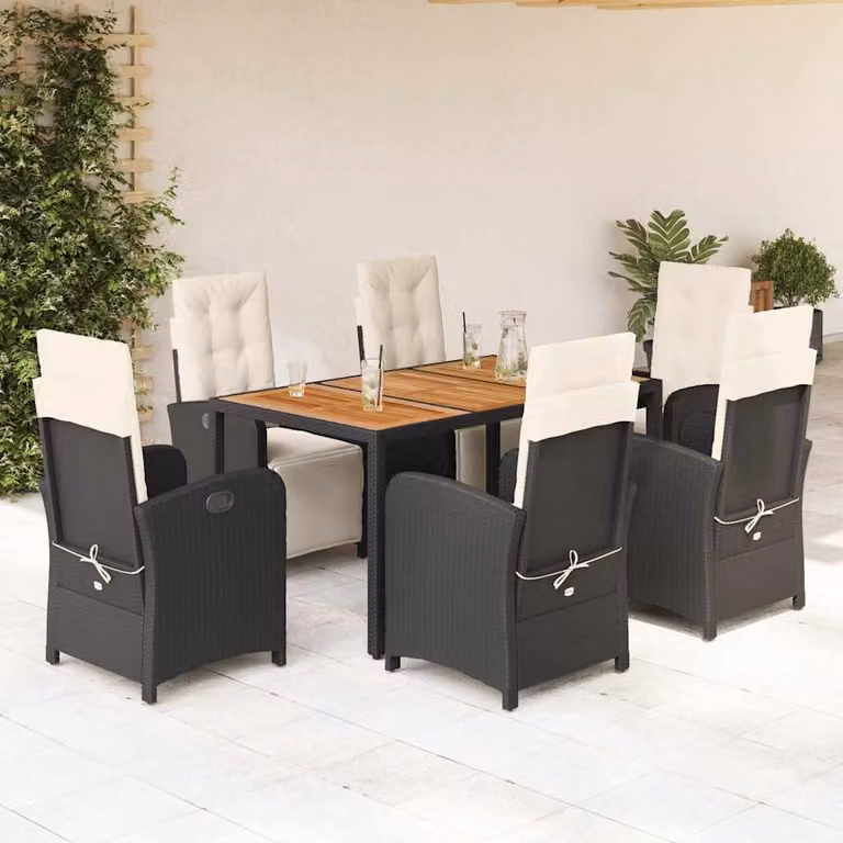 Set da Pranzo da Giardino vidaXL in Polyrattan Nero con Cuscini e Tavolo in Legno di Acacia per 7 Persone