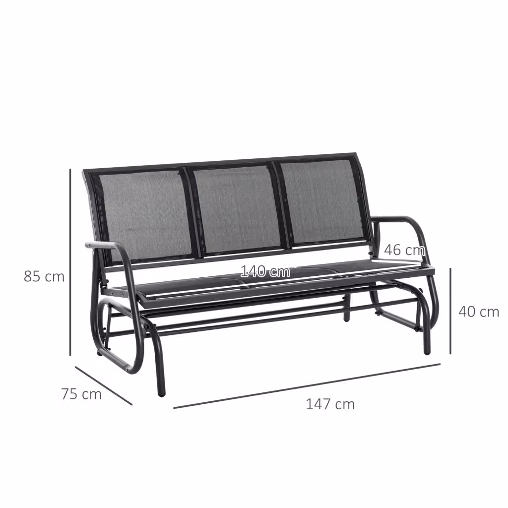 Panca a dondolo da giardino WISHDOR a 3 posti in metallo nero con braccioli L: 147 cm, P: 75 cm, H: 85 cm – 2