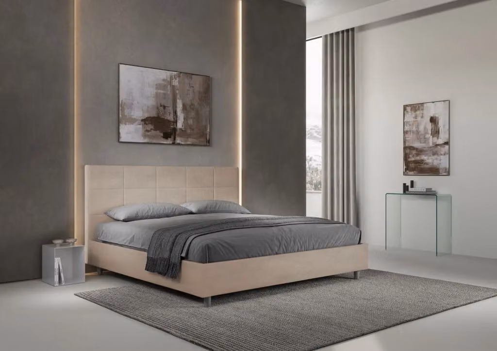 Letto matrimoniale king size BS COM con rete imbottita in microfibra colore sabbia L 180 cm x P 200 cm – 2