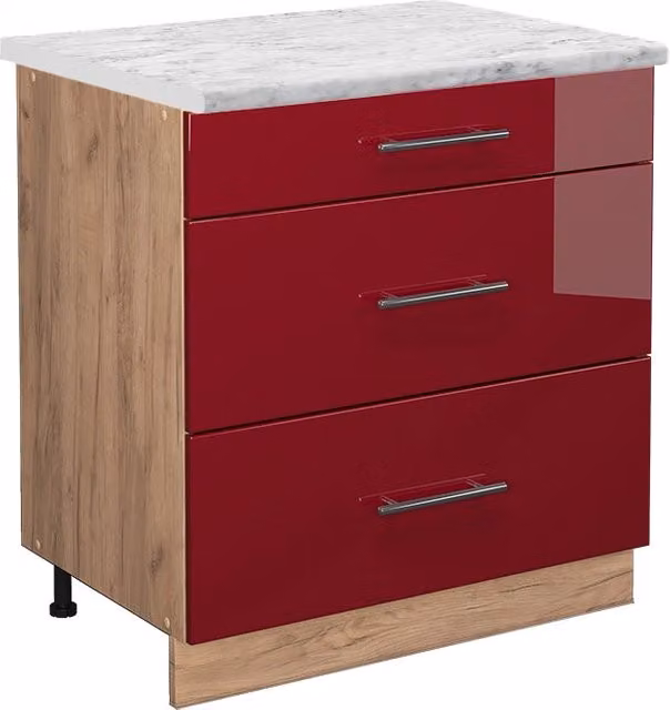 Mobiletto base per cucina Fame-Line Bordeaux lucido/Rovere dorato 80 cm con 3 cassetti, PL Marmo Vicco
