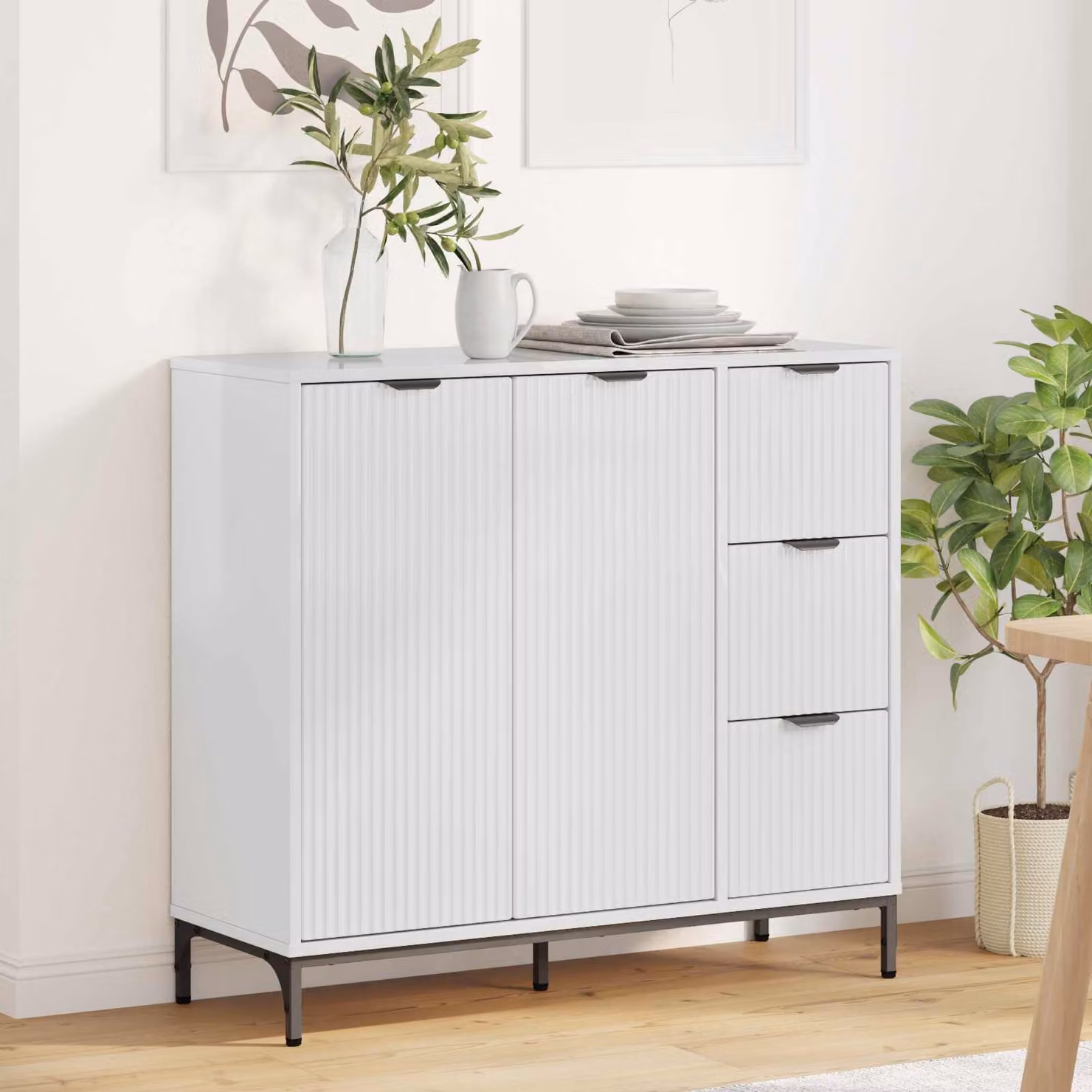 vidaXL Credenza Moderna Bianco Lucido in Legno MDF L: 89,5 cm, P: 33 cm, H: 82 cm