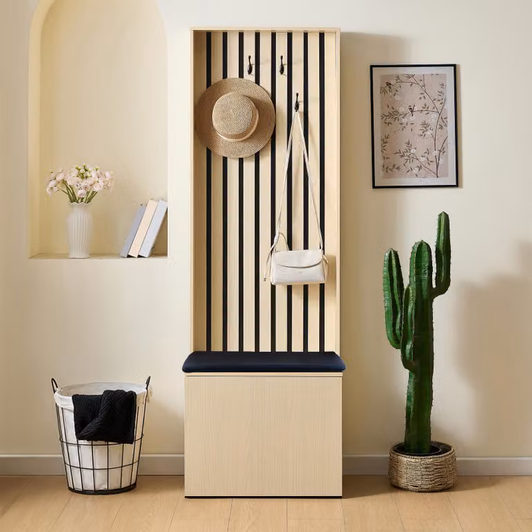 Armadio Flieks con panchina integrata e spazio per scarpe, organizer per l'ingresso con 4 ganci, cuscino per la panca e scomparti portaoggetti, armadio, stile naturale