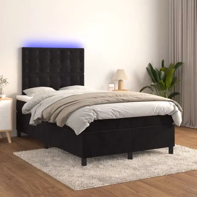 Letto matrimoniale con materasso ibrido vidaXL in velluto nero con illuminazione LED sottostante e porta USB L/P/H: 120 x 200 cm