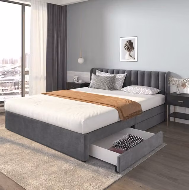 Letto in velluto con testiera alta; 2 cassetti e rete a doghe; 180 x 200 cm; grigio