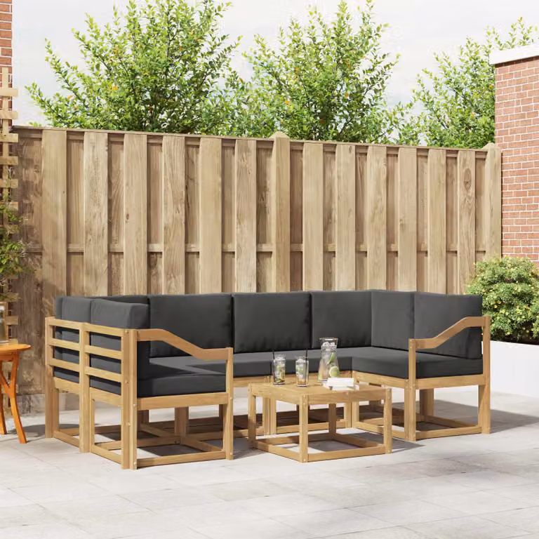 vidaXL Set di divani da esterno a L composto da 7 pezzi in legno di acacia con cuscini, colori bianco, antracite e marrone