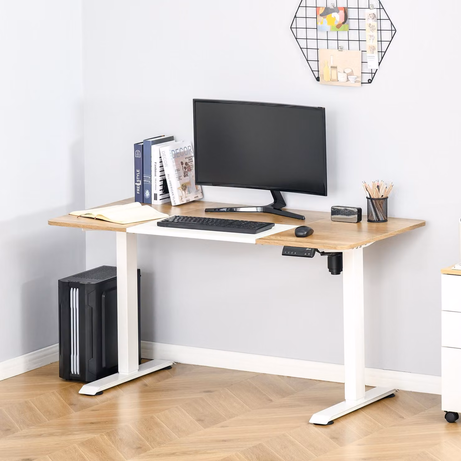 scrivania elettrica per computer okwish con guida per cavi e protezione contro il surriscaldamento, scrivania da lavoro regolabile in altezza con motore, natura+bianco