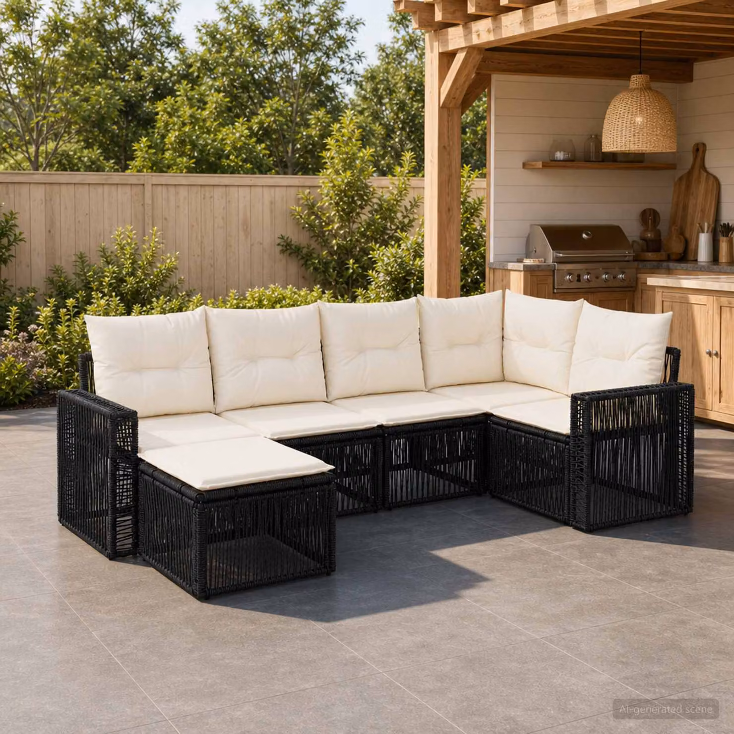 Set Divano da Giardino vidaXL 6 Pezzi a Forma di L con Cuscini, Colore Nero e Bianco Crema, Struttura in Metallo e Polyrattan