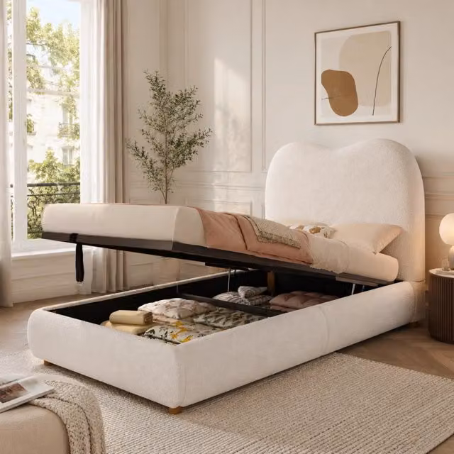 Letto imbottito CIPACHO in bouclé beige con contenitore contenitore a sollevamento L/P: 90 x 200 cm