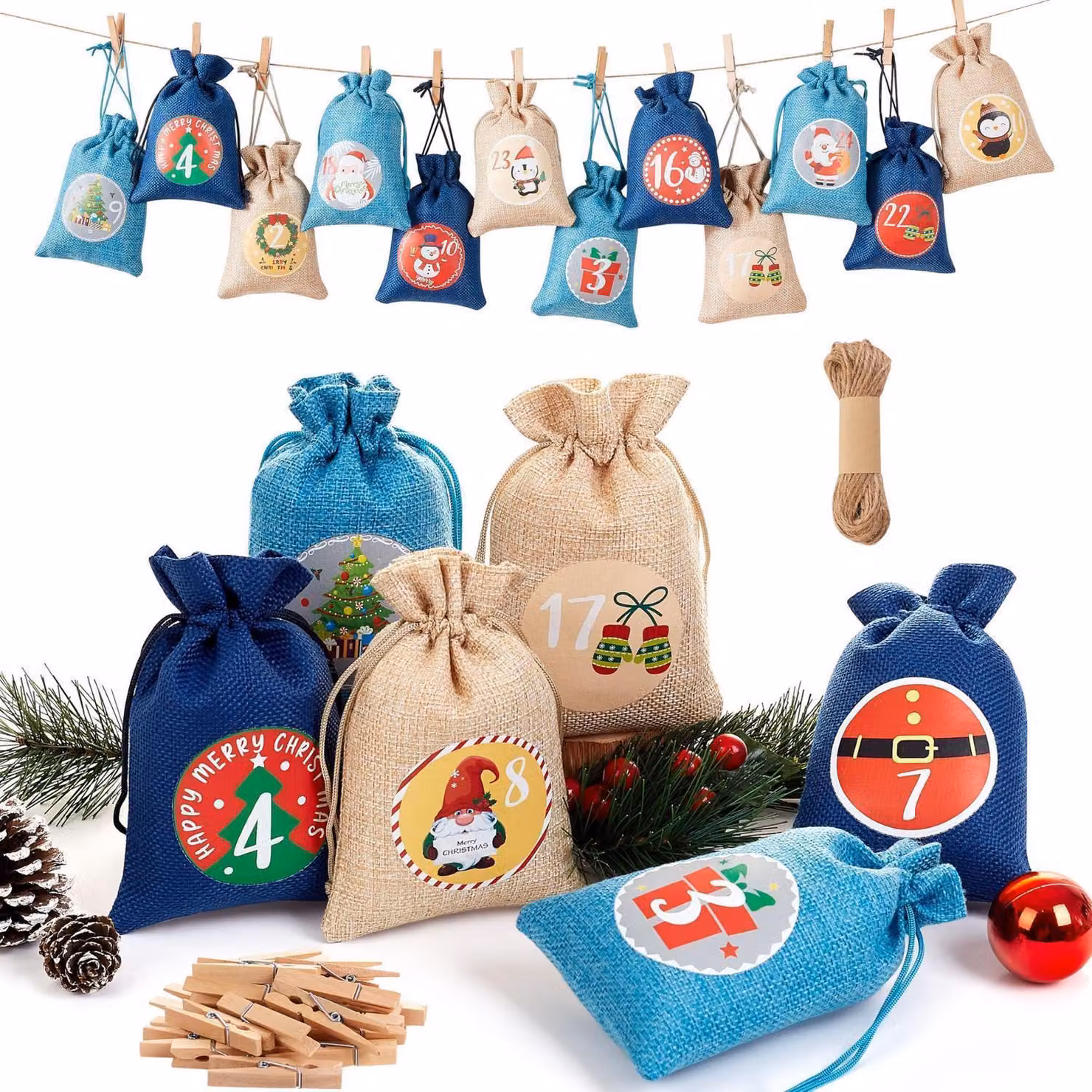 Calendario dell'Avvento con 24 sacchetti di juta, da riempire con accessori, colore blu