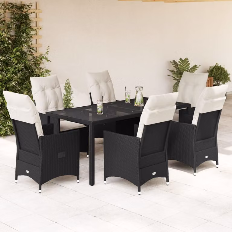 Set da Pranzo da Giardino vidaXL 7 pz in Polyrattan Nero con Piano in Vetro e Cuscini