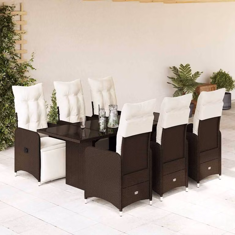 vidaXL Set Bistrò da Giardino 7 pz in Polyrattan Marrone con Cuscini e Piano in Vetro