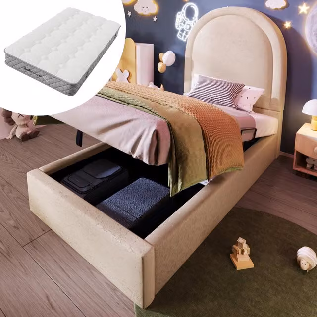 Letto per bambini 90 × 200 cm con contenitore idraulico, materasso incluso, testiera imbottita in PU beige
