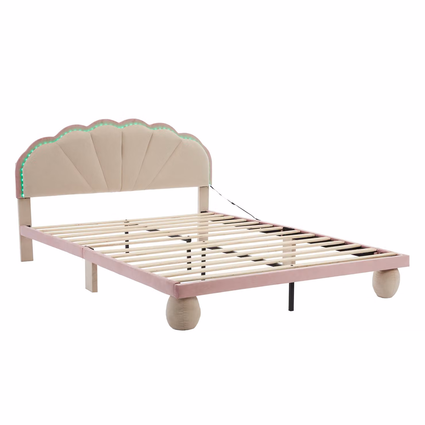 Letto imbottito Home Enjoy DE con strisce luminose sotto il letto e testiera ondulata, Bianco+Rosa, L: 140 cm, P: 200 cm – 2