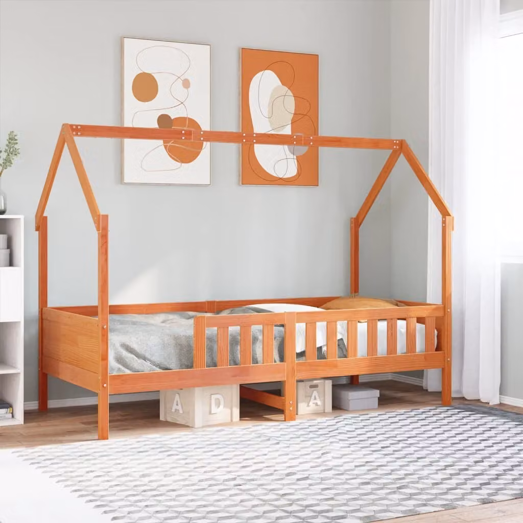 vidaXL Giroletto Casetta per Bambini in Legno di Pino Massello, Colore Marrone Cera, 90x200 cm