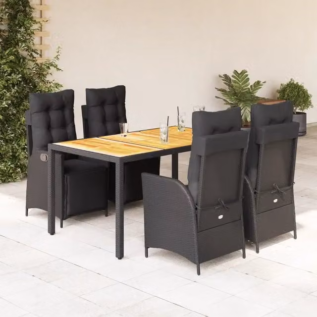 Set da Pranzo da Giardino 5 pz Nero con Cuscini in Polyrattan 3213340