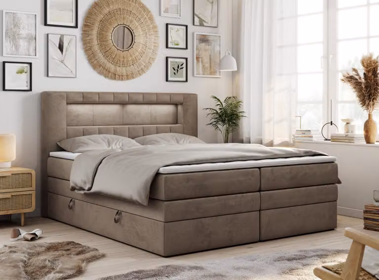 Letto boxspring con testiera LED e topper - GOLD-5-KING - 200x200 cm - Marrone - Media rigidità (H3)
