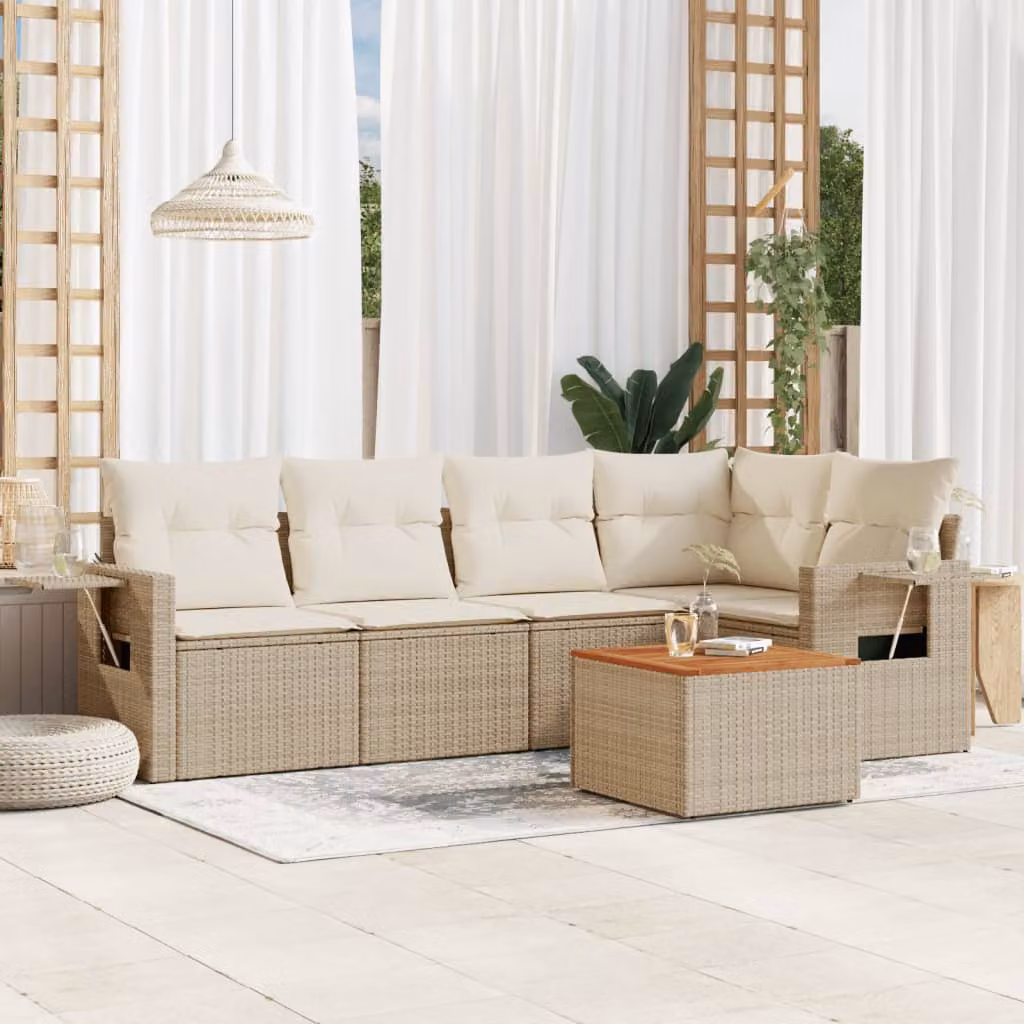 vidaXL Set Divano da Giardino 6 pz a Forma di L in Polyrattan con Cuscini Beige e Tavolino da Esterno