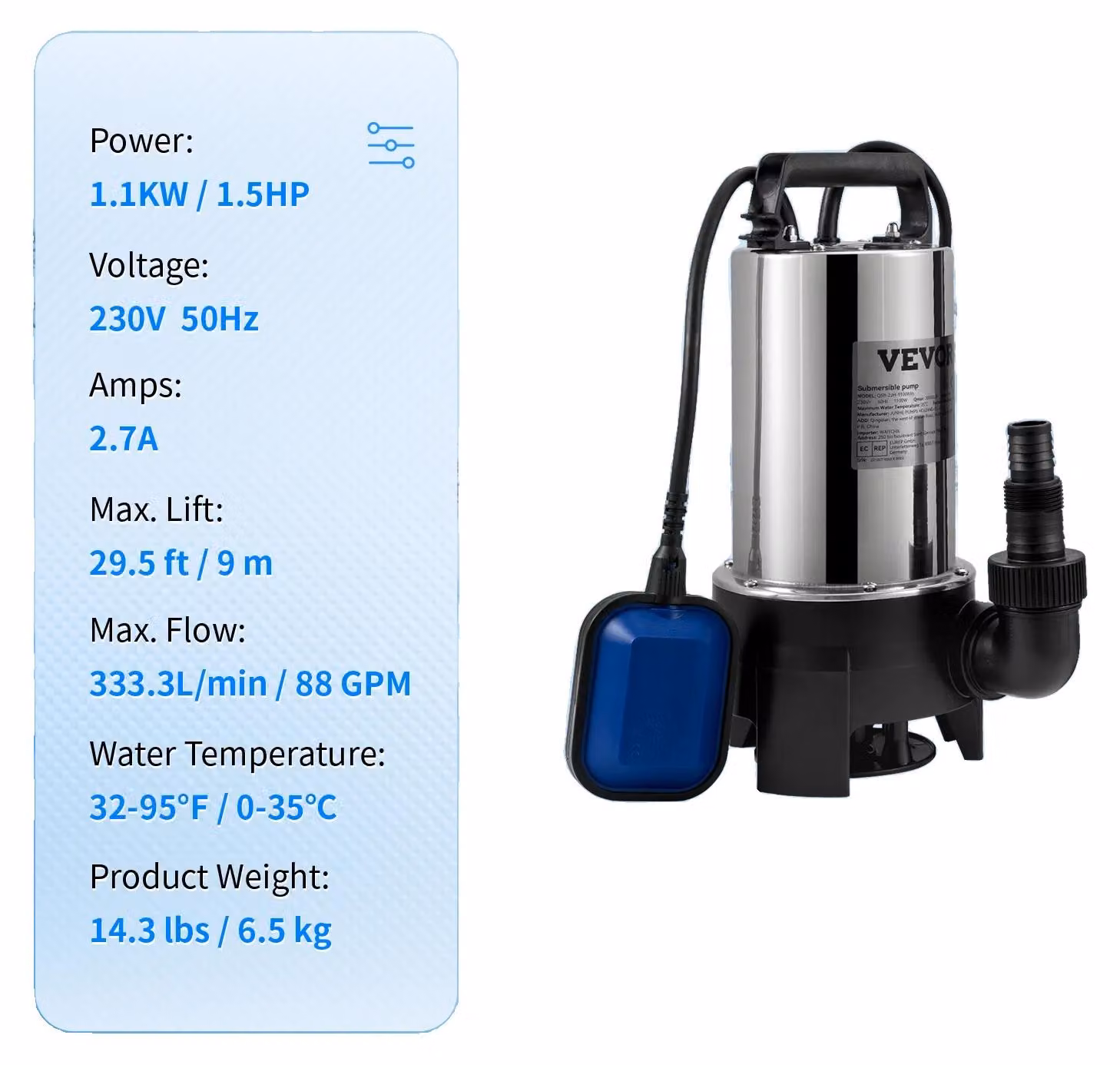Pompa per acque reflue, prevalenza massima 7,6 m, protezione IPX8, 1100 W / 1,5 HP, UE
