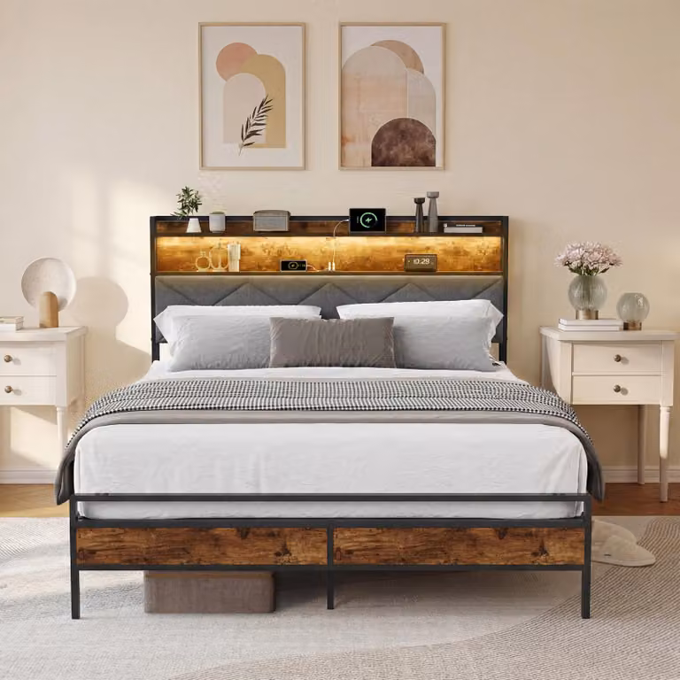 UnboxG 140x200 cm, struttura letto in metallo e legno con LED RGB, testiera con vano portaoggetti e stazione di ricarica USB, venature scure / grigio