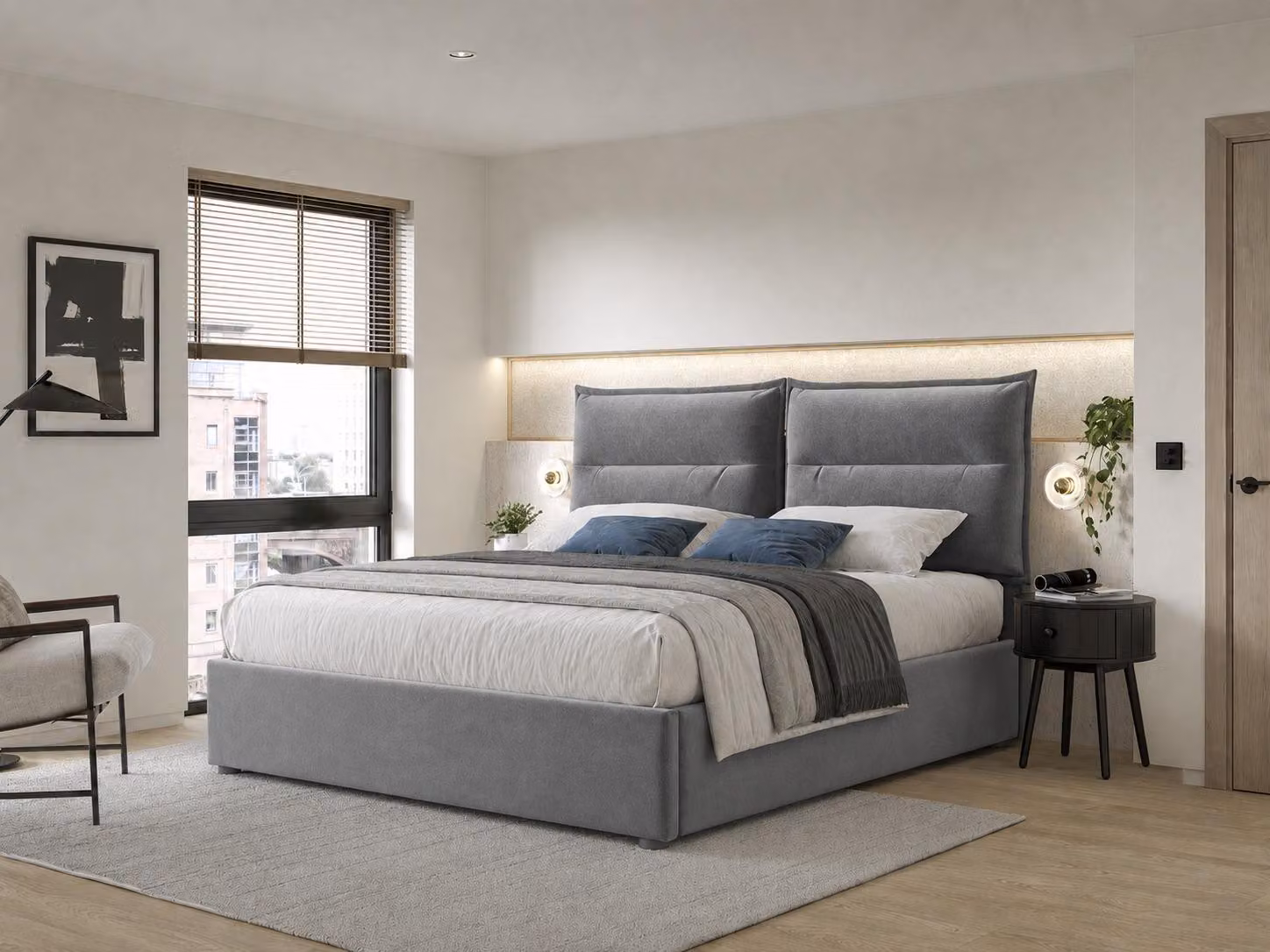 Letto imbottito 140x200 cm con spazio contenitore a sollevamento idraulico, poggiatesta regolabile in altezza, rivestimento in velluto e rete a doghe pieghevole, colore grigio