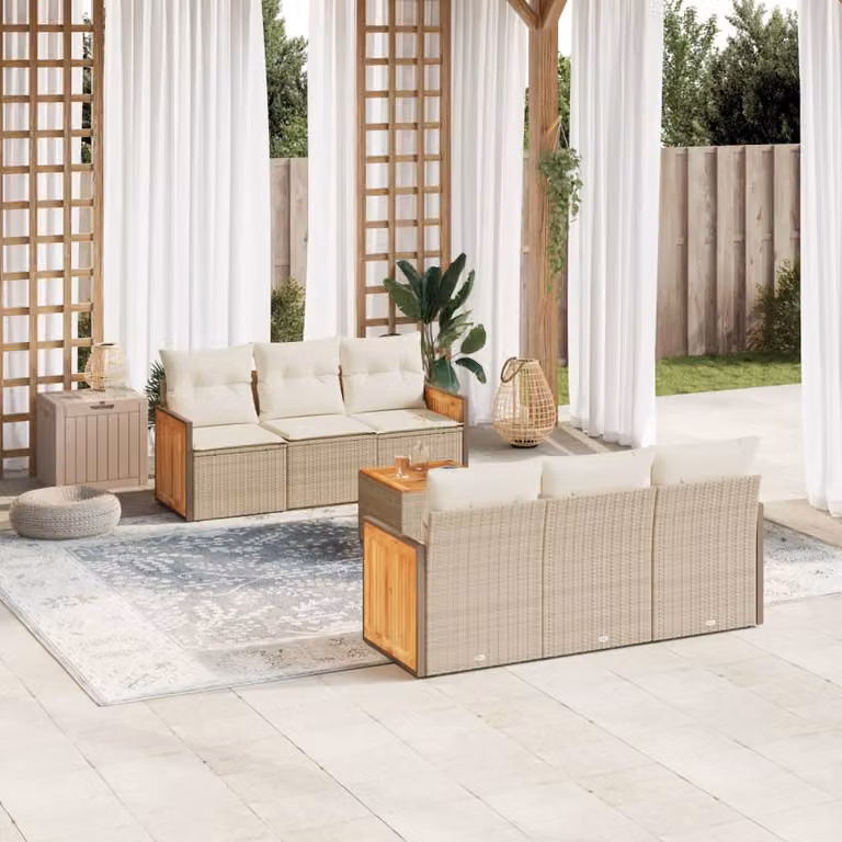 vidaXL Set Divani da Giardino 7 pz in Polyrattan con Cuscini Beige e Tavolino da Esterno