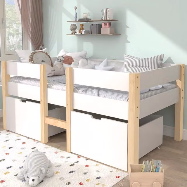 Letto bambino – 90x190 cm – cassetto protezione legno massello – bianco/rovere