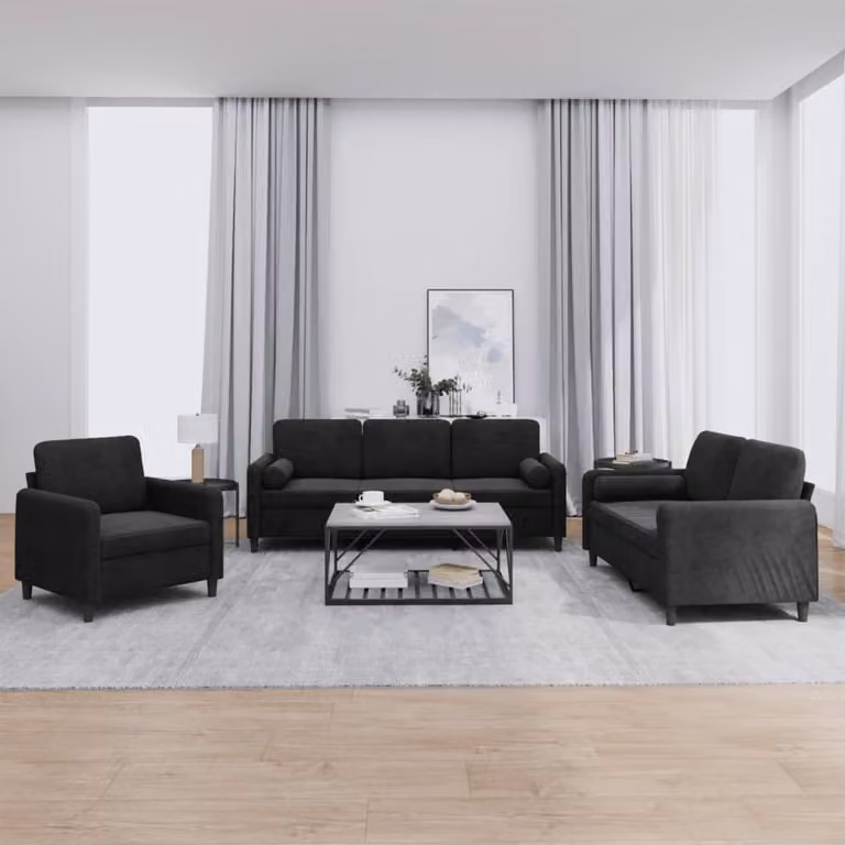 Set di divani 3 pezzi vidaXL in velluto nero con cuscini per soggiorno moderno