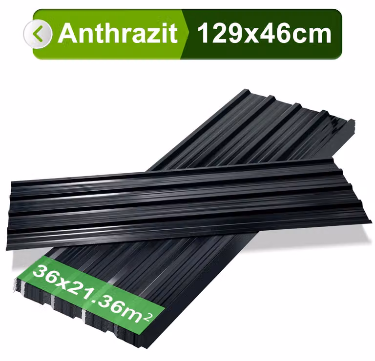 Ikodm, 12 lastre in lamiera grecata per tetti, spessore 0,25 mm, dimensioni 129 x 46 cm, colore antracite, acciaio zincato, superficie coperta di circa 7 m²