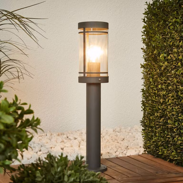 Lindby Lampioncino Djori, 50 cm, antracite, acciaio inox, E27 Djori, Alluminio / Grigio / Zincato, Acciaio Inox, Moderno, Lampada da esterni