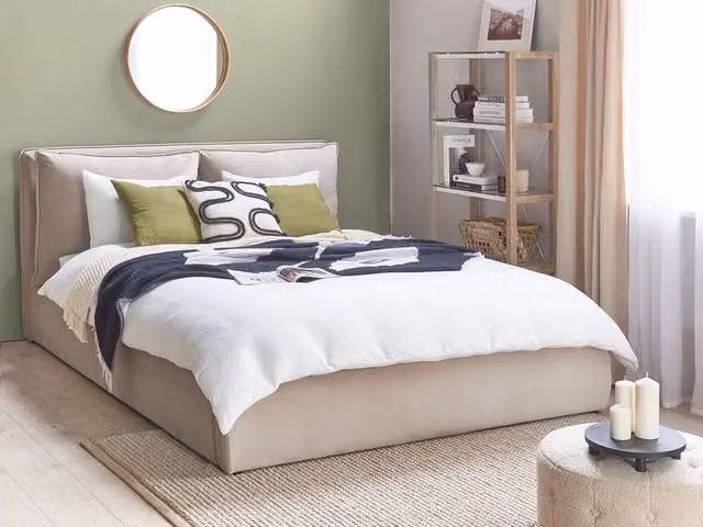 Letto matrimoniale moderno Beliani in tessuto beige con vano contenitore a sollevamento L/P/H: 160 x 200 cm