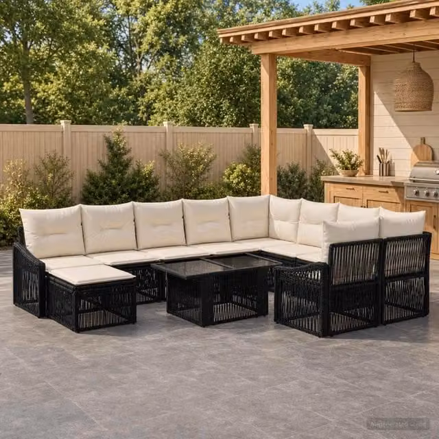 Set Divano da Giardino vidaXL in Polyrattan 11 Pezzi con Tavolino e Ottoman, Colore Nero e Bianco Crema, Design Moderno a Forma di U per Terrazza e Balcone – 1