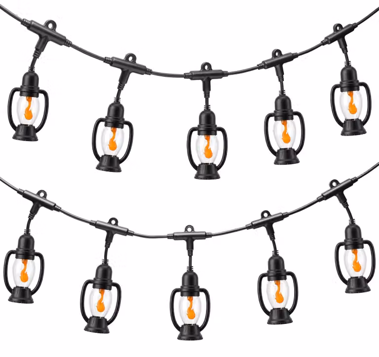 Catena luminosa, lunghezza 4,8 metri, 10 lampadine a forma di fiamma, grado di protezione IP65, luce bianco caldo, spina di tipo EU