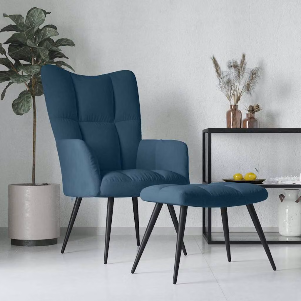 vidaXL Poltrona Relax con Poggiapiedi Blu in Velluto con Struttura in Metallo – 1