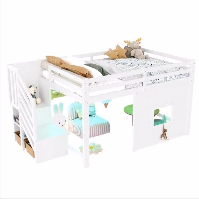 Letto a castello REDOM per bambini in legno e MDF bianco con scala contenitore e struttura a casetta L/P/H: 254 x 140 x 200 cm