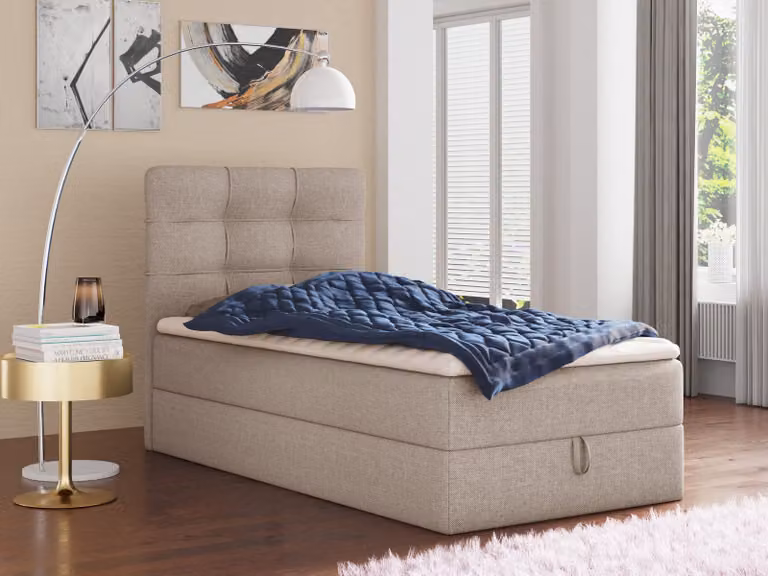 Letto boxspring Best Mini con contenitore e coprimaterasso - Letto singolo con materasso Bonell e coprimaterasso, letto imbottito, letto, camera da letto (Beige (Inari 22), 80 x 200 cm)