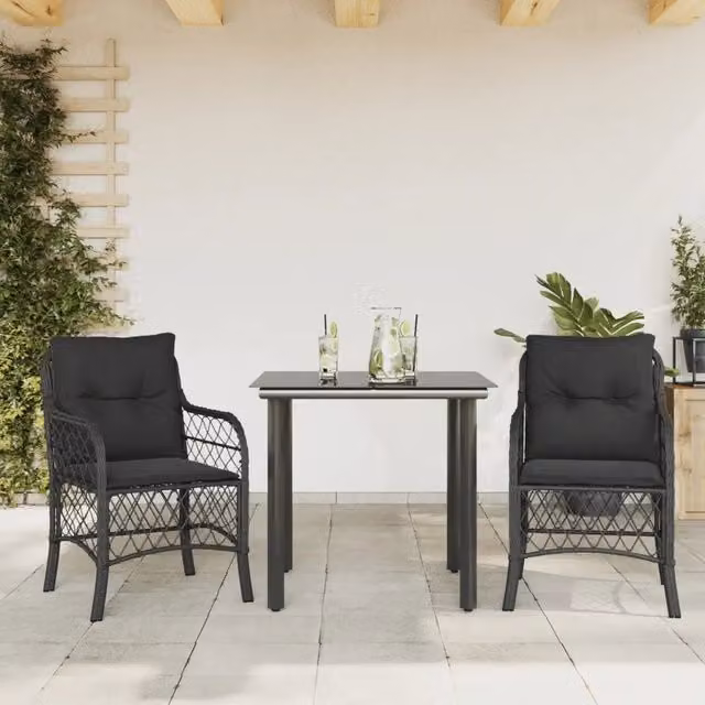 Set da Bistrò vidaXL in Polyrattan Nero con Cuscini e Tavolo in Vetro per Giardino e Balcone
