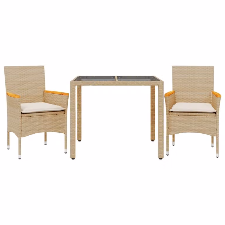 Set da Pranzo da Giardino 3 pz con Cuscini Polyrattan e Vetro
