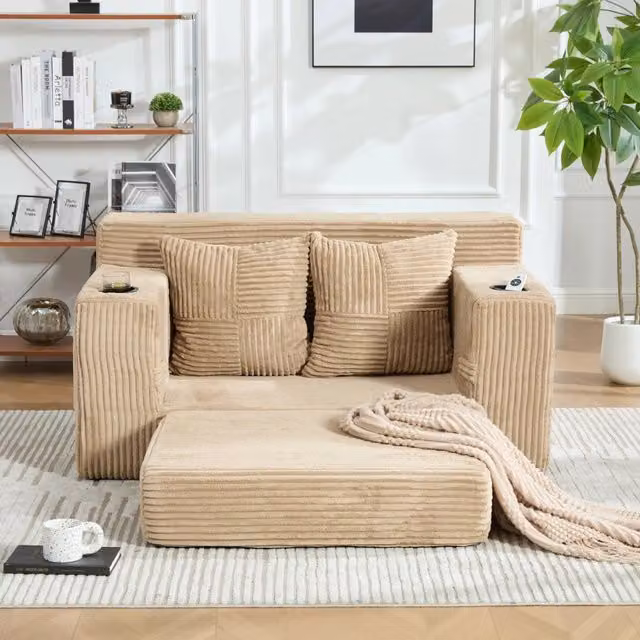 Divano letto due posti 151 x 133 x 64 cm con poggiapiedi e portabicchieri; velluto a coste kaki