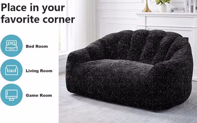 Pouf divano 140x98x61 cm nero, con braccioli, tessuto flanella,