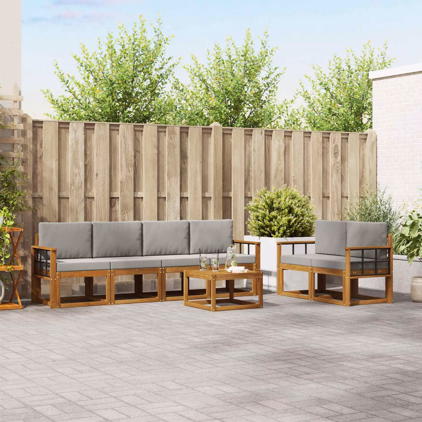 Set di divani da esterno vidaXL 7 pezzi in legno di acacia con cuscini, colore grigio e marrone